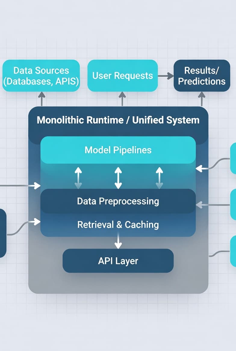 Diagram of Monolithic AI System showing tightly-coupled model pipelines and unified runtime