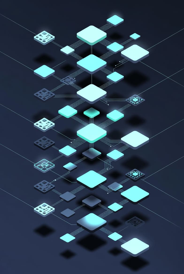 Vertical modular AI system stack showing independent modules for inference, retrieval, API, and logging layers